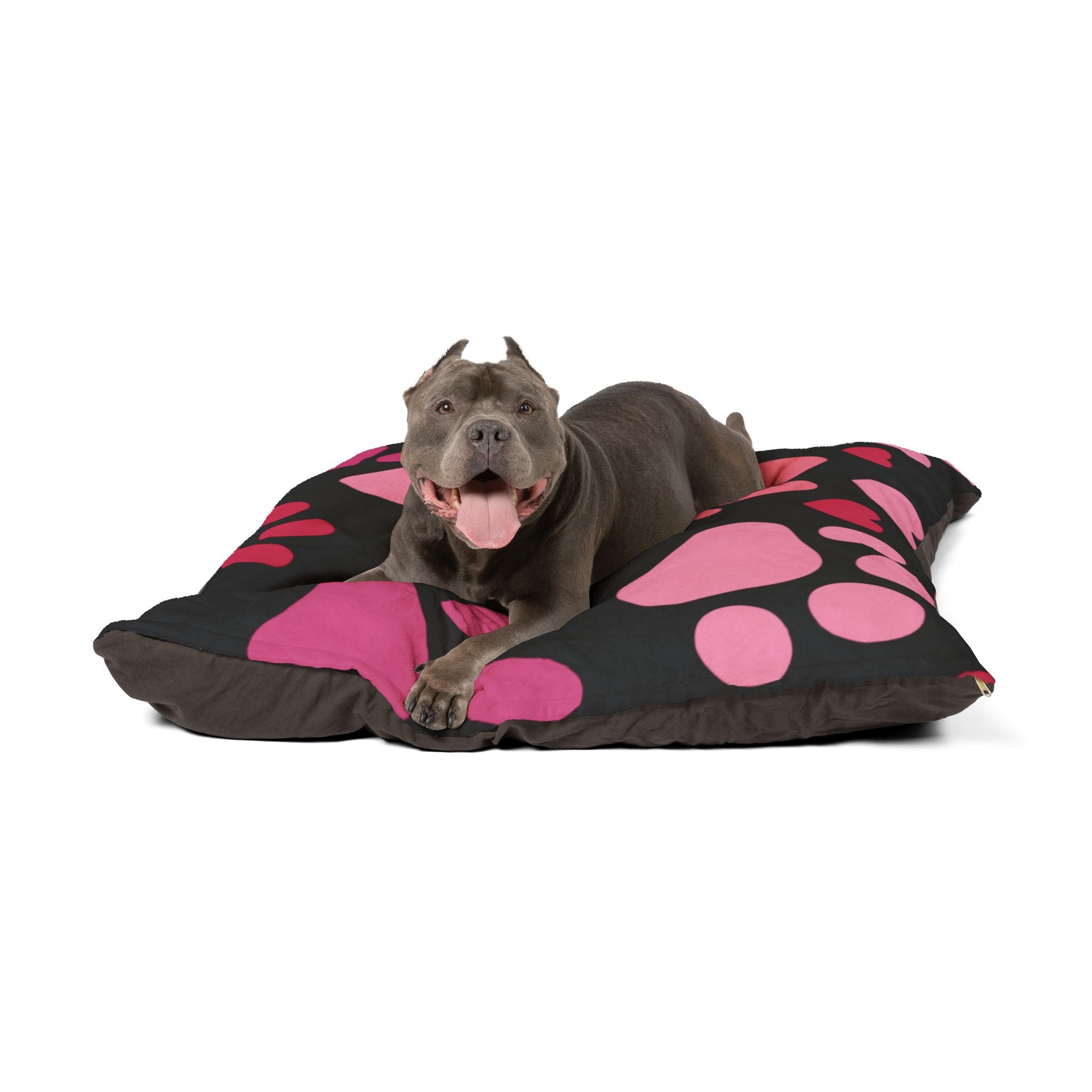 Heart Paw Pet Bed — Cozy Black Plush Dog & Cat Cushion with Pink Paw Print Design