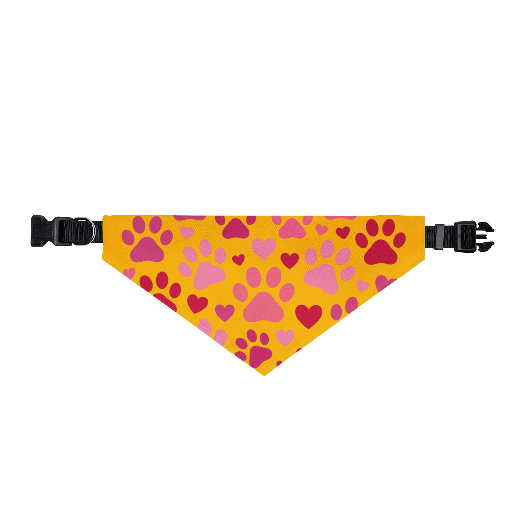 Clip-On Pet Bandana — Pink Paw & Heart Pattern on Yellow