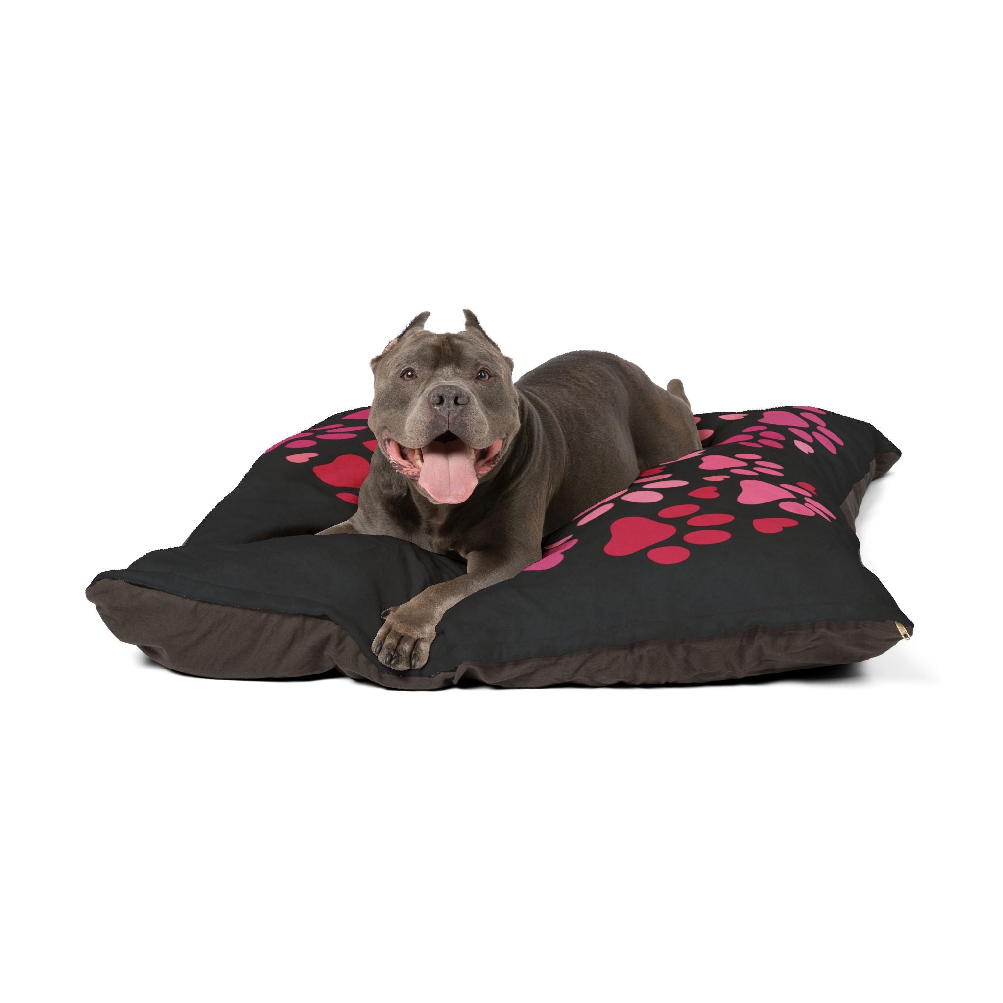 Heart Paw Pet Bed — Cozy Black Plush Dog & Cat Cushion with Pink Paw Print Design