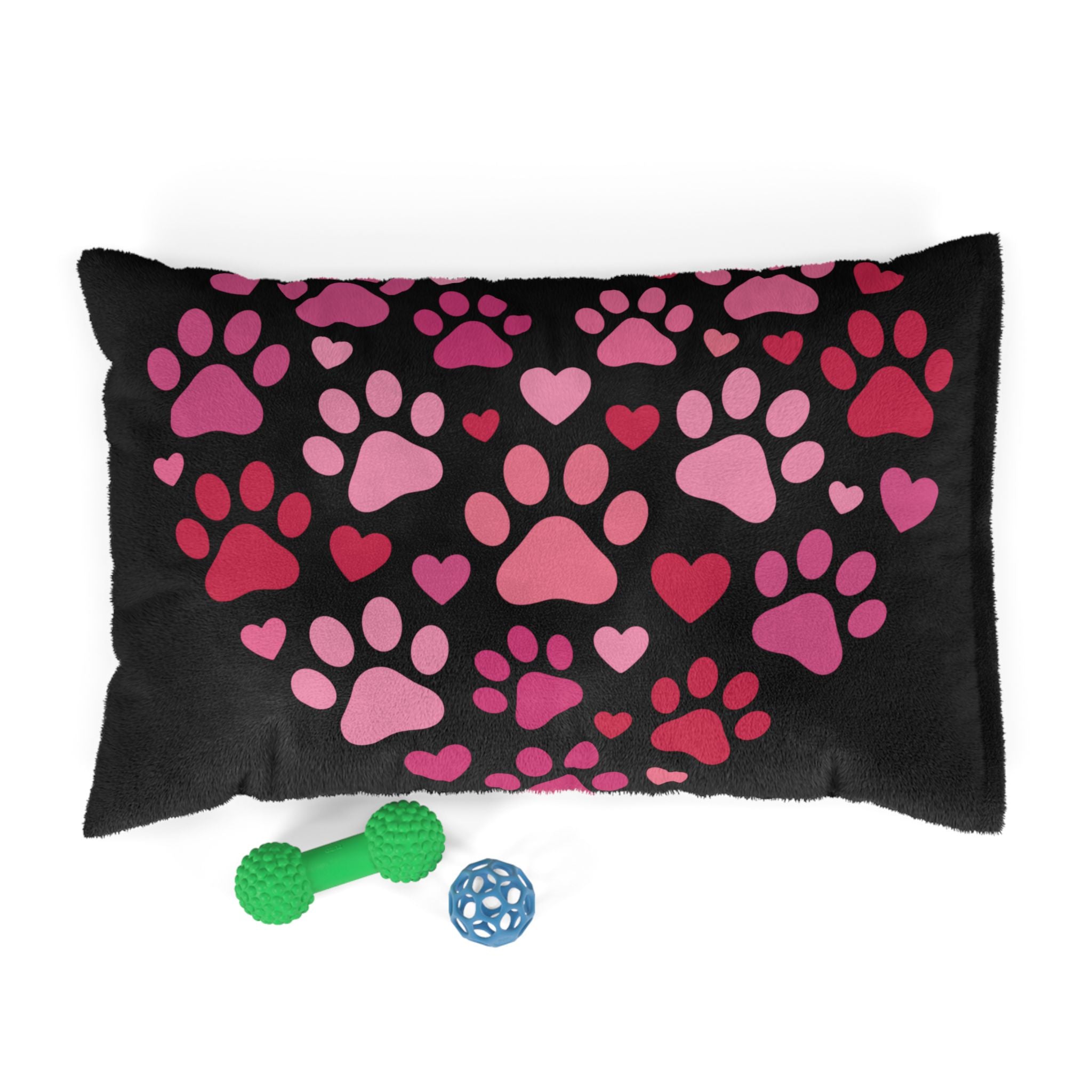 Heart Paw Pet Bed — Cozy Black Plush Dog & Cat Cushion with Pink Paw Print Design