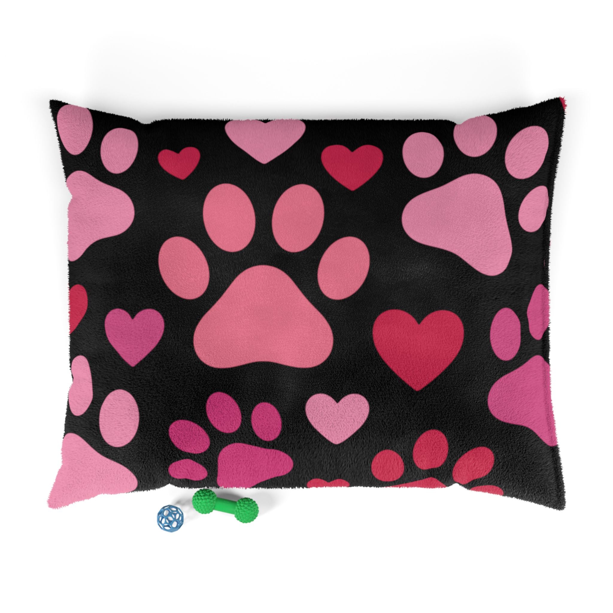 Heart Paw Pet Bed — Cozy Black Plush Dog & Cat Cushion with Pink Paw Print Design