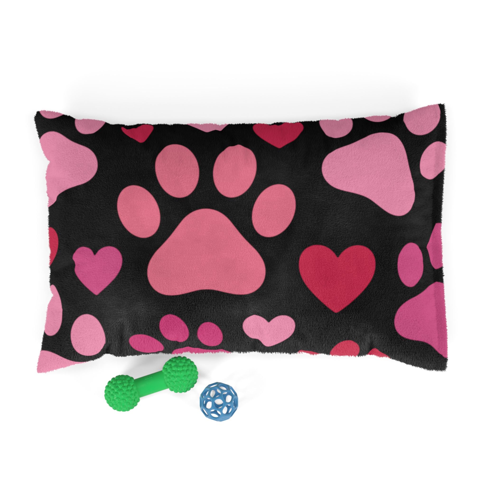 Heart Paw Pet Bed — Cozy Black Plush Dog & Cat Cushion with Pink Paw Print Design