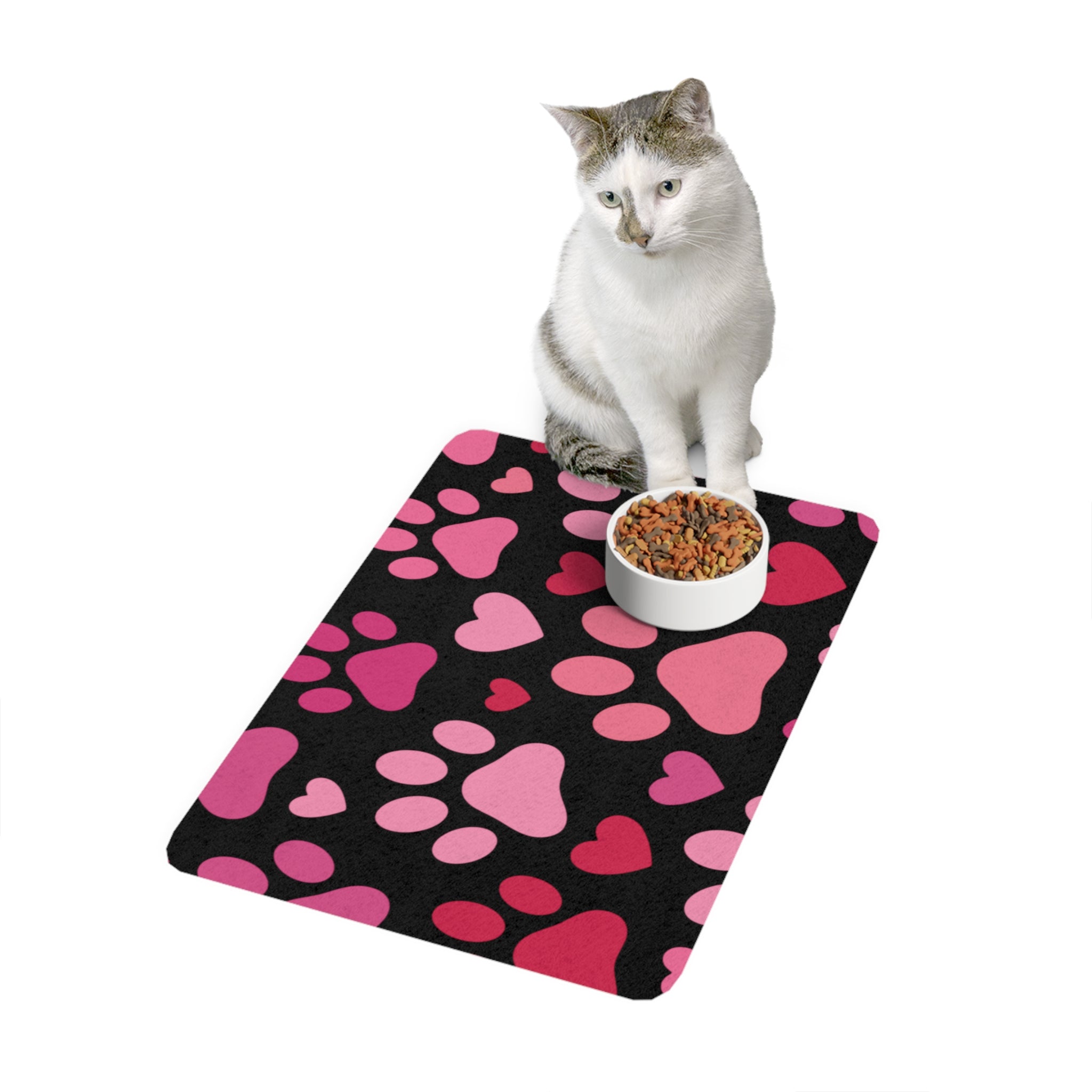 Heart Paw Print Pet Food Mat — 12x18 Spill-Resistant Feeding Mat for Dogs & Cats