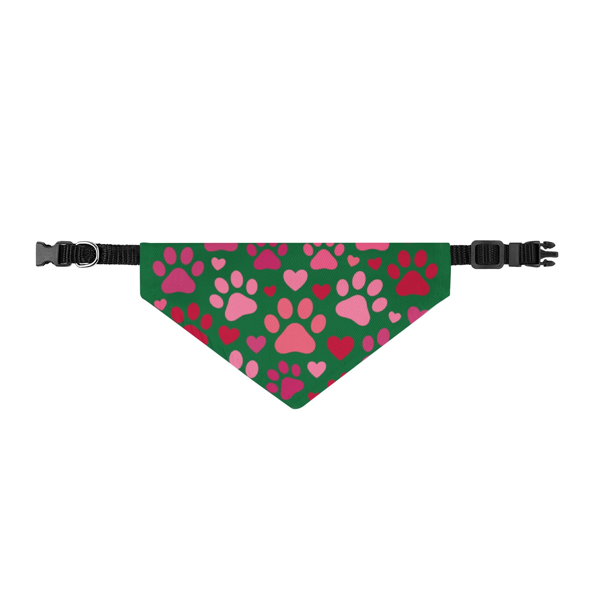 Clip-On Pet Bandana — Pink Paw & Heart Pattern on Green