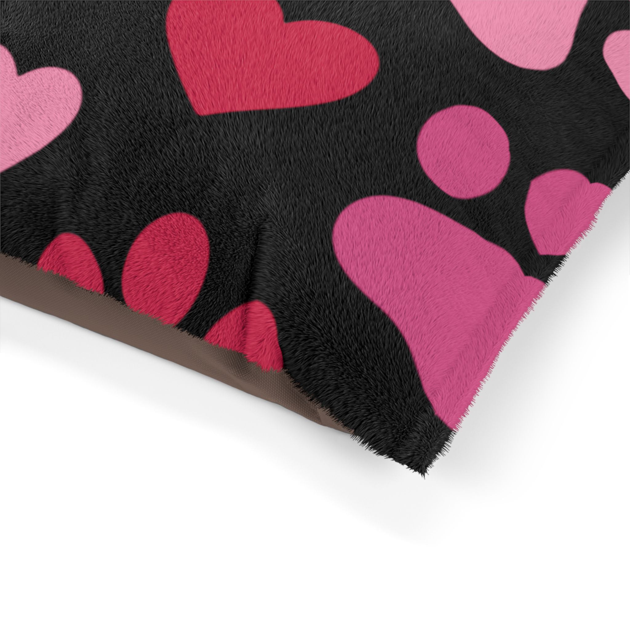 Heart Paw Pet Bed — Cozy Black Plush Dog & Cat Cushion with Pink Paw Print Design
