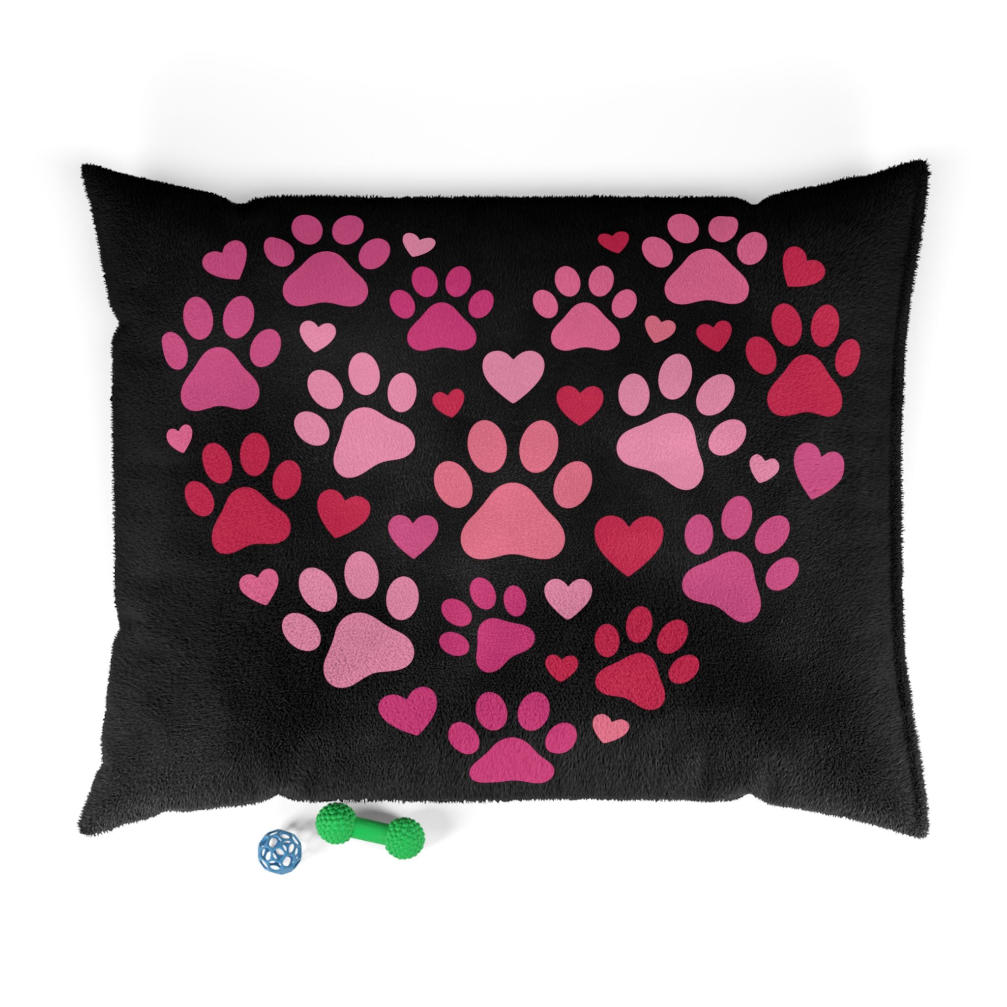 Heart Paw Pet Bed — Cozy Black Plush Dog & Cat Cushion with Pink Paw Print Design