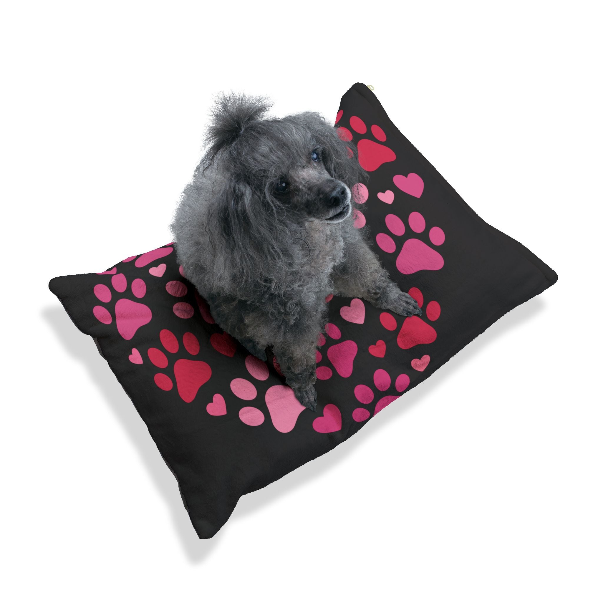 Heart Paw Pet Bed — Cozy Black Plush Dog & Cat Cushion with Pink Paw Print Design