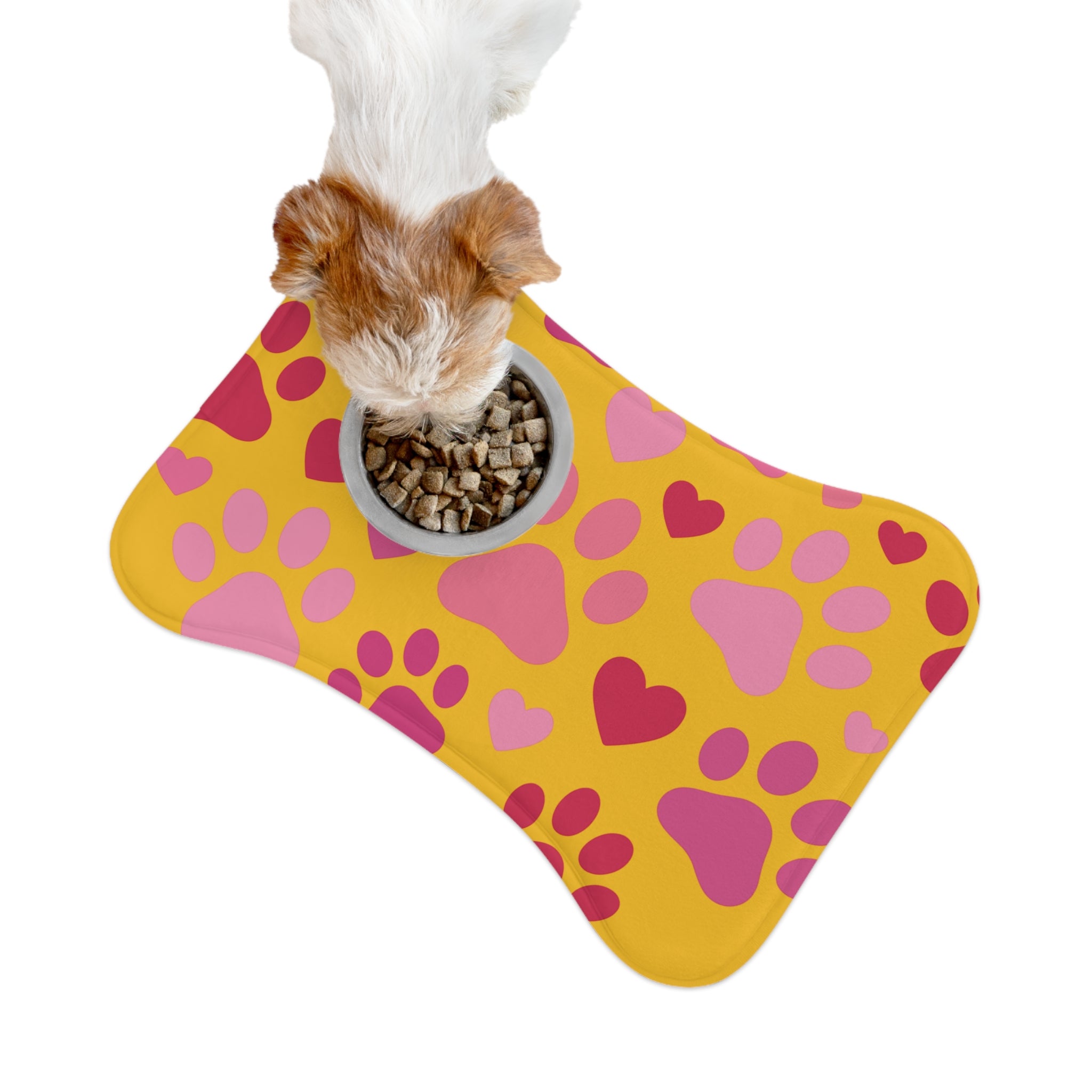 Heart Paw Pet Feeding Mat — Pink Valentine on yellow, Placemat for Dogs & Cats