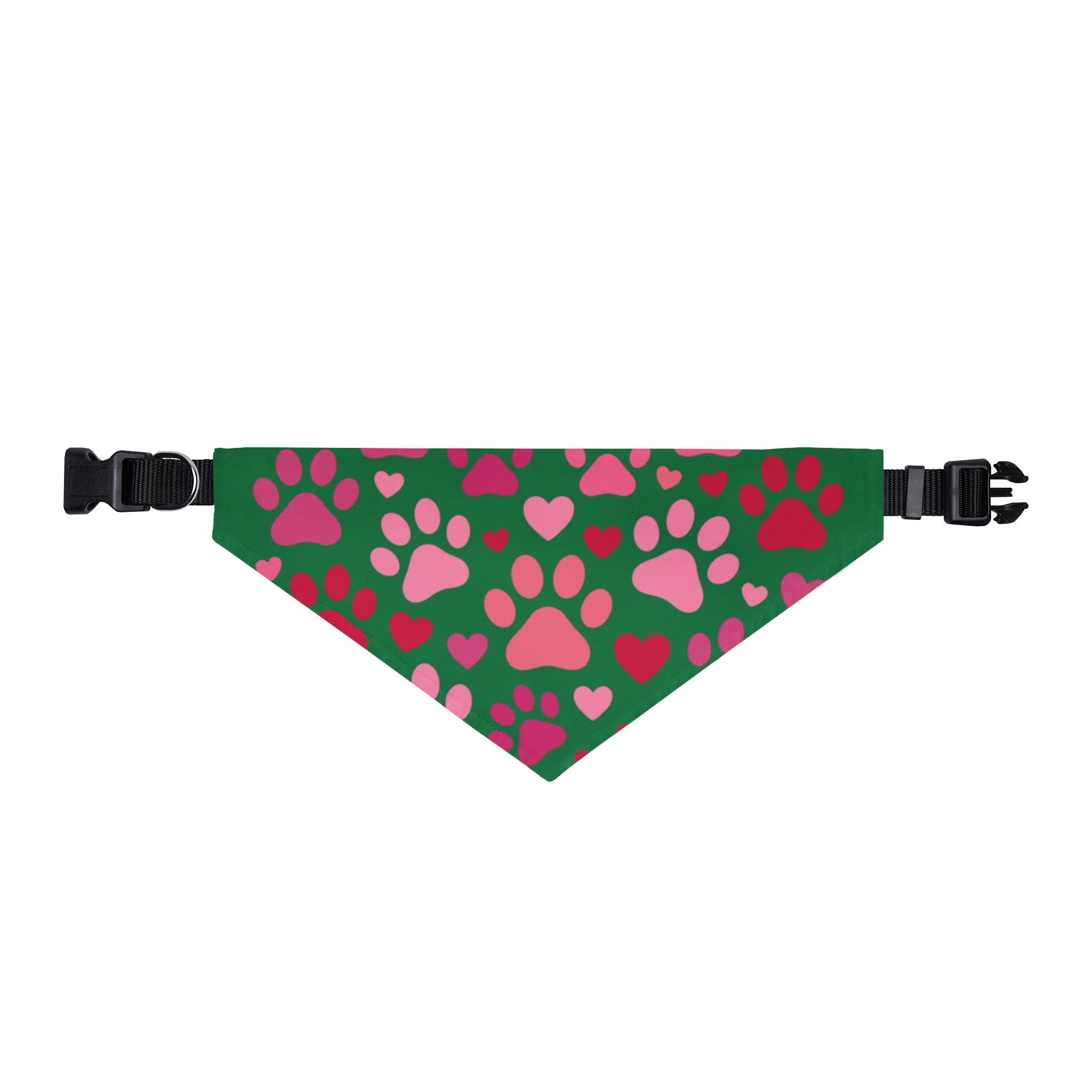 Clip-On Pet Bandana — Pink Paw & Heart Pattern on Green