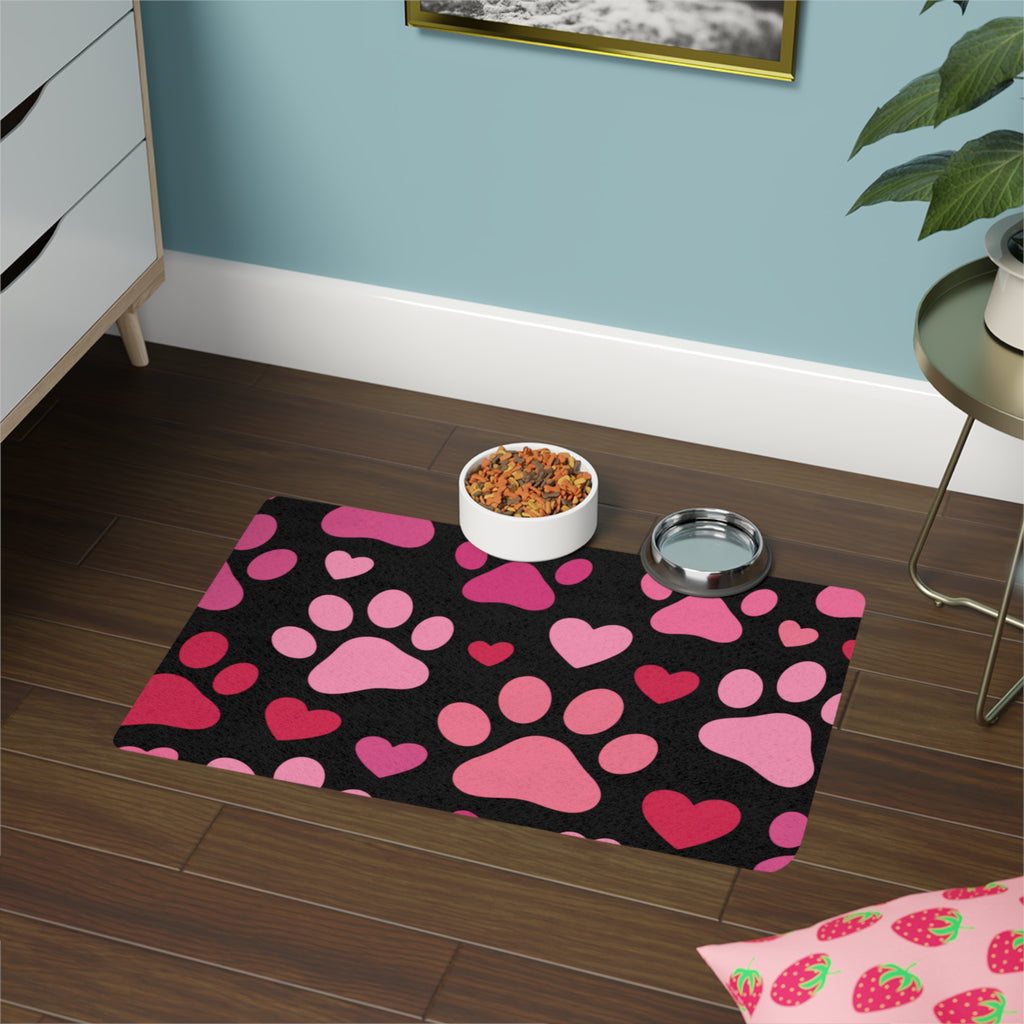 Heart Paw Print Pet Food Mat — 12x18 Spill-Resistant Feeding Mat for Dogs & Cats